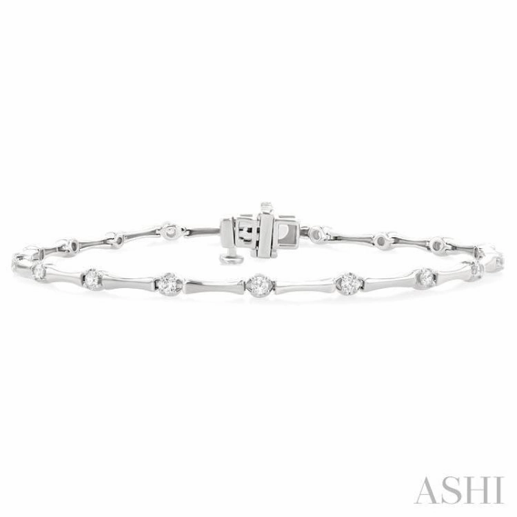 1/2 Ctw Bamboo Internodes Round Cut Diamond Fashion Bracelet in 14K White Gold Wide Amalgamations