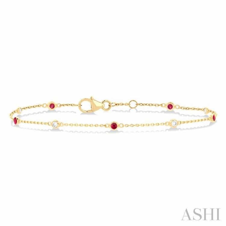1.8 MM Ruby and 1/10 Ctw Bezel Set Round Cut Diamond Precious Gemstone Station Bracelet in 14K Yellow Gold Wear Everyday
