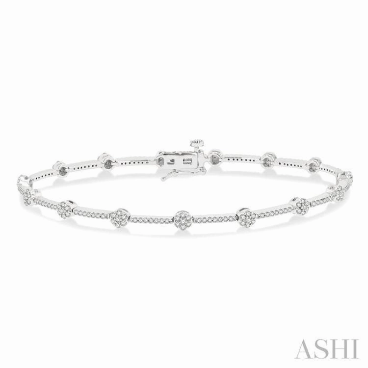 Pastel Shades 1 Ctw Cluster Round Cut Diamond Bar Link Bracelet in 10K White Gold