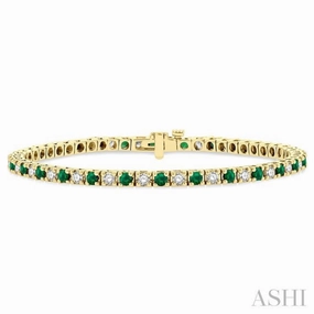 Central Focus Customizable Aspect 2.5 MM Emerald and 1 1/2 Ctw Round Cut Diamond Square Box Link Precious Tennis Bracelet in 14K Yellow Gold