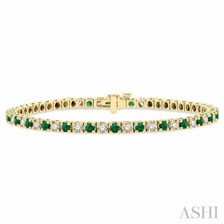 Central Focus Customizable Aspect 2.5 MM Emerald and 1 1/2 Ctw Round Cut Diamond Square Box Link Precious Tennis Bracelet in 14K Yellow Gold