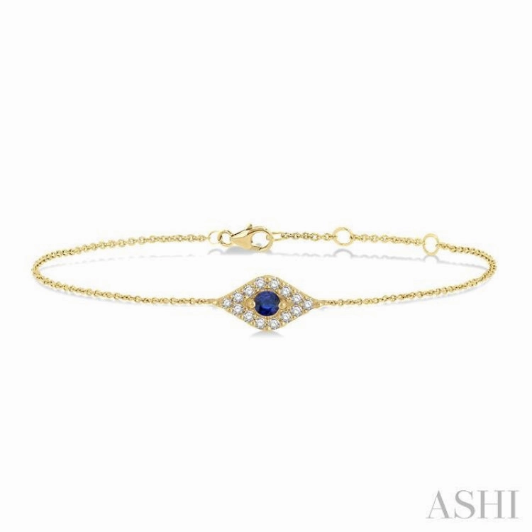 Cosmic Mixes Ever After Sight 2.60 MM Round Cut Sapphire and 1/10 Ctw Evil Eye Round Cut Diamond Precious Petite Fashion Bracelet in 10K Yellow Gold