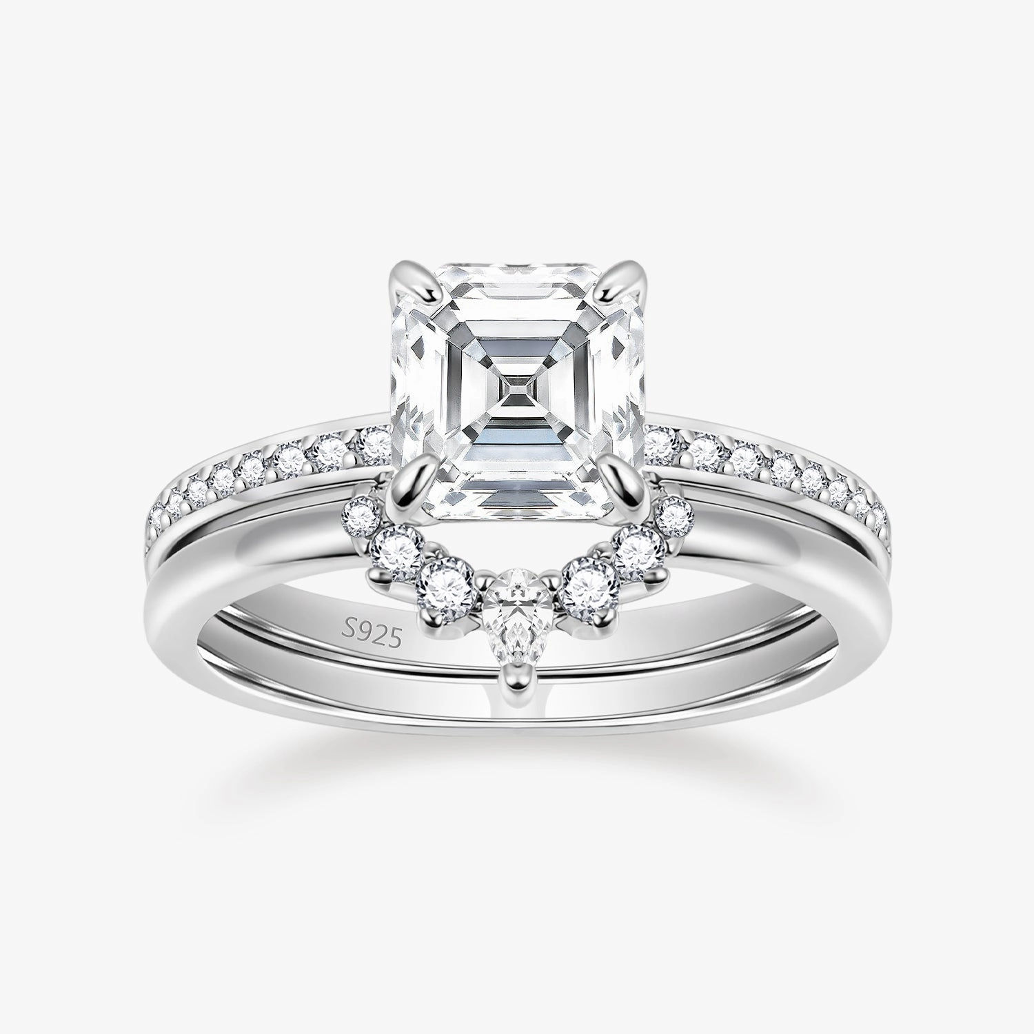 Crisp Accent 2CT 925 Sterling Silver Asscher Cut Crown Cubic Zirconia Ring Set