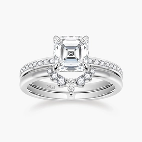 2CT 925 Sterling Silver Asscher Cut Crown Cubic Zirconia Ring Set Layered Elegance