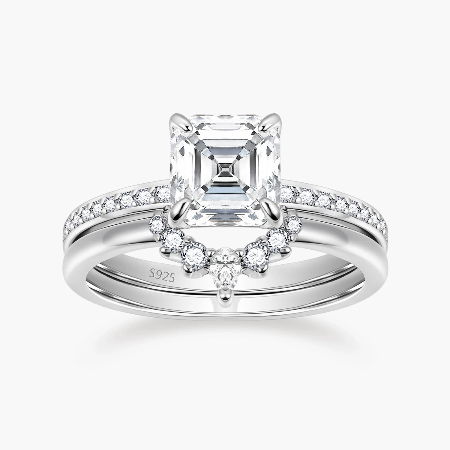 Modern Accent 2CT 925 Sterling Silver Asscher Cut Crown Cubic Zirconia Ring Set