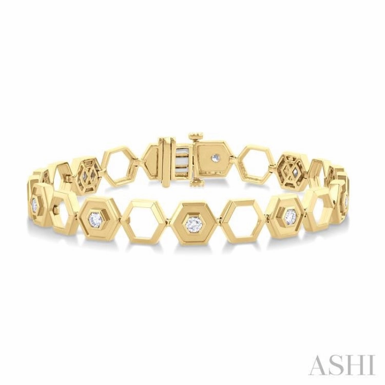 3/4 Ctw Double & Open Window Hexagon Round Cut Diamond Fashion Bracelet in 14K Yellow Gold Indelible Mark