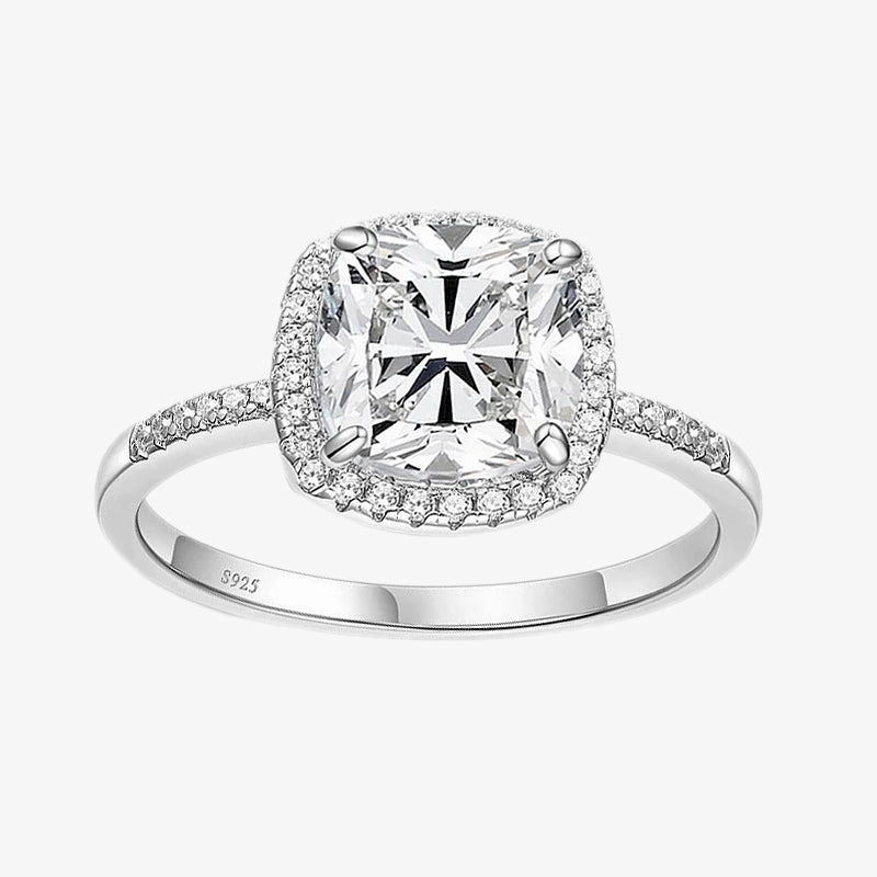 Fresh Statement Elegant Finish 3.5CT 925 Halo Cushion Sterling Silver CZ Ring