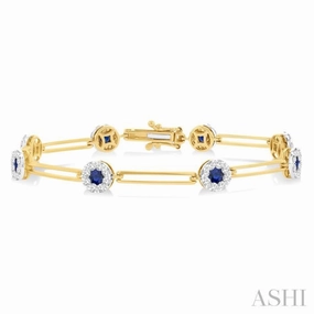3 MM Sapphire and 1 1/5 Ctw Round Cut Diamond Paperclip Lovebright Precious Bracelet in 14K Yellow and White Gold New-Age Charm