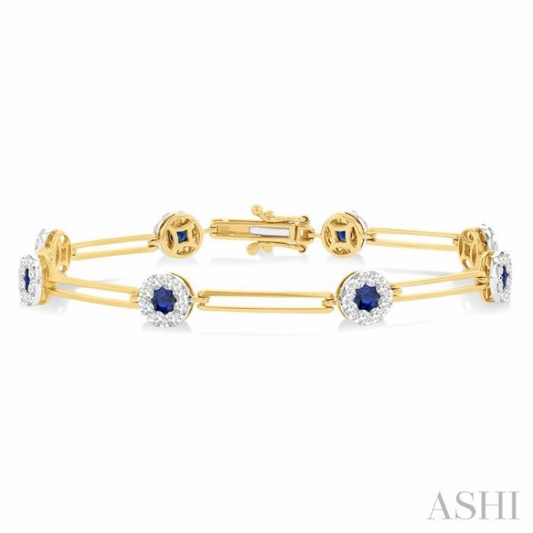 3 MM Sapphire and 1 1/5 Ctw Round Cut Diamond Paperclip Lovebright Precious Bracelet in 14K Yellow and White Gold New-Age Charm