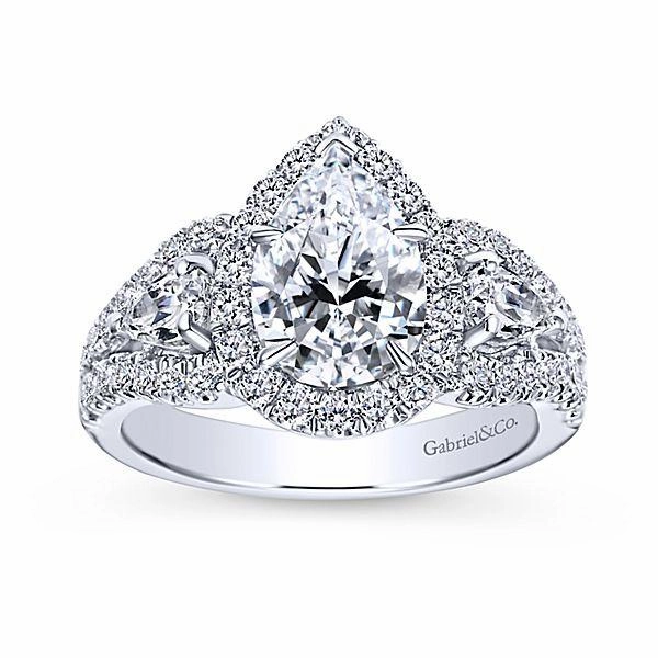 Stylish Mark Eternal Decoration 3-Stone Pear Shaped Halo Diamond Ring 1.14Cttw 14K White Gold