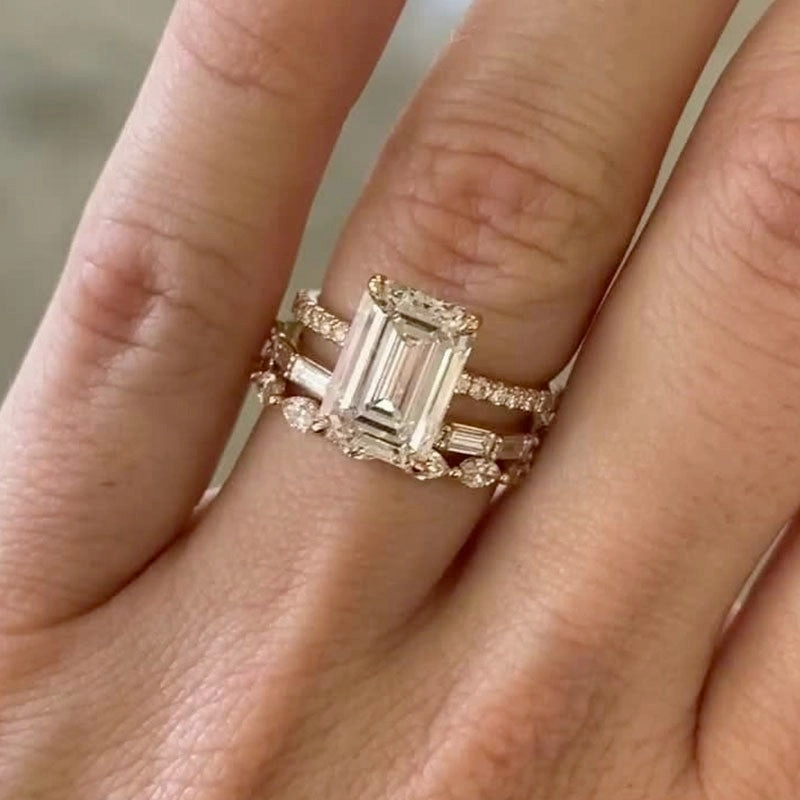 Urban Style Autumn Style 3PC 3.5Ct Emerald Cut Wedding Ring Set Travel Rings