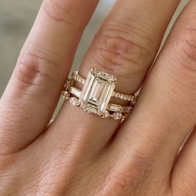 3PC 3.5Ct Emerald Cut Wedding Ring Set Travel Rings Festive Accent