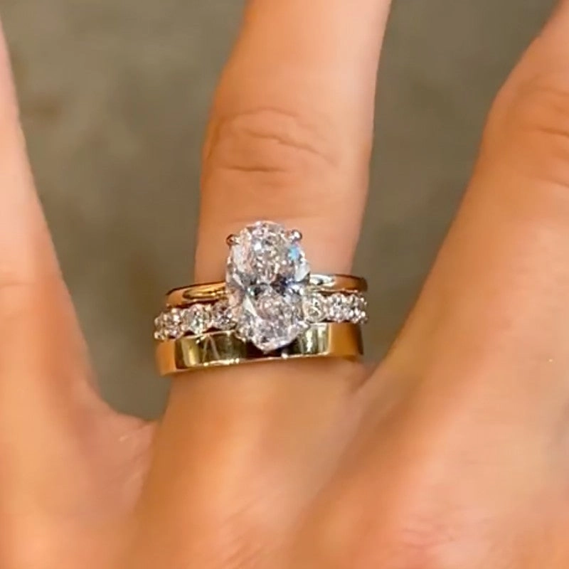 Luxurious Style 3PC 4.0Ct Oval Cut Hidden Halo Wedding Ring Set Promise Rings For Her