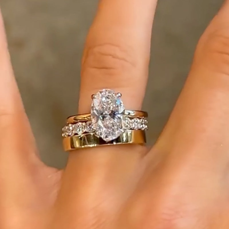 Handcrafted Treasures 3PC 4.0Ct Oval Cut Hidden Halo Wedding Ring Set Promise Rings For Her