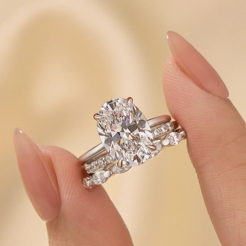 3PC 4.5Ct Oval Cut Classic Wedding Ring Set Promise Ring For Her Smooth Accent Seasonal Style