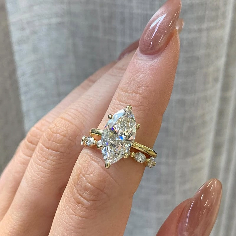 4.0Ct Marquise Cut Simulated Diamond Wedding Ring Set With Marquise Cut Wedding Band Urban Minimal Everyday Look