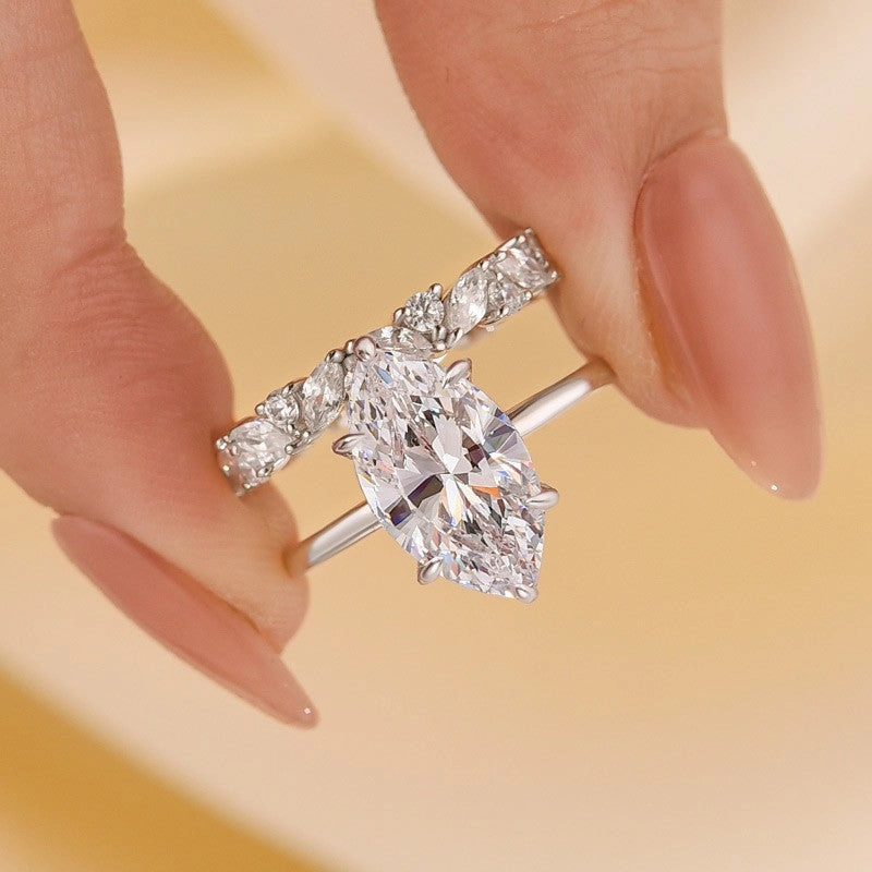 Bright design Unique Creation 4.0Ct Marquise Cut Wedding Ring Set With Marquise Cut & Round Cut Wedding Band