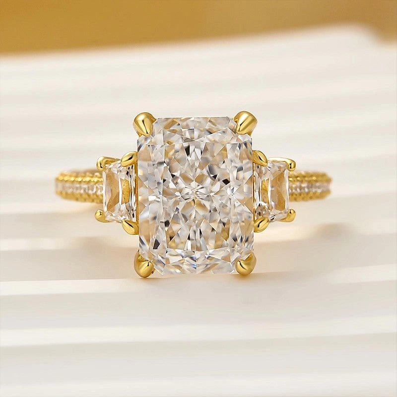 4.5Ct Radiant Cut Three Stone Yellow Gold Promise Ring Engagement Ring In Sterling Silver Glam Vibes