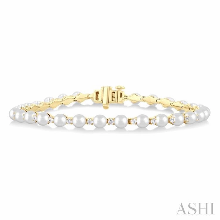 Spiritual Guide Bespoke Perspective 4 MM Cultured Pearl and 3/4 Ctw Round Cut Diamond Tennis Bracelet in 14K Yellow Gold