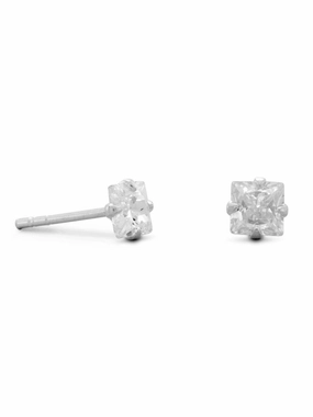 Minimal Spark Bridal Vibe 4mm Square Cubic Zirconia CZ Stud Earrings Mens Sterling Silver