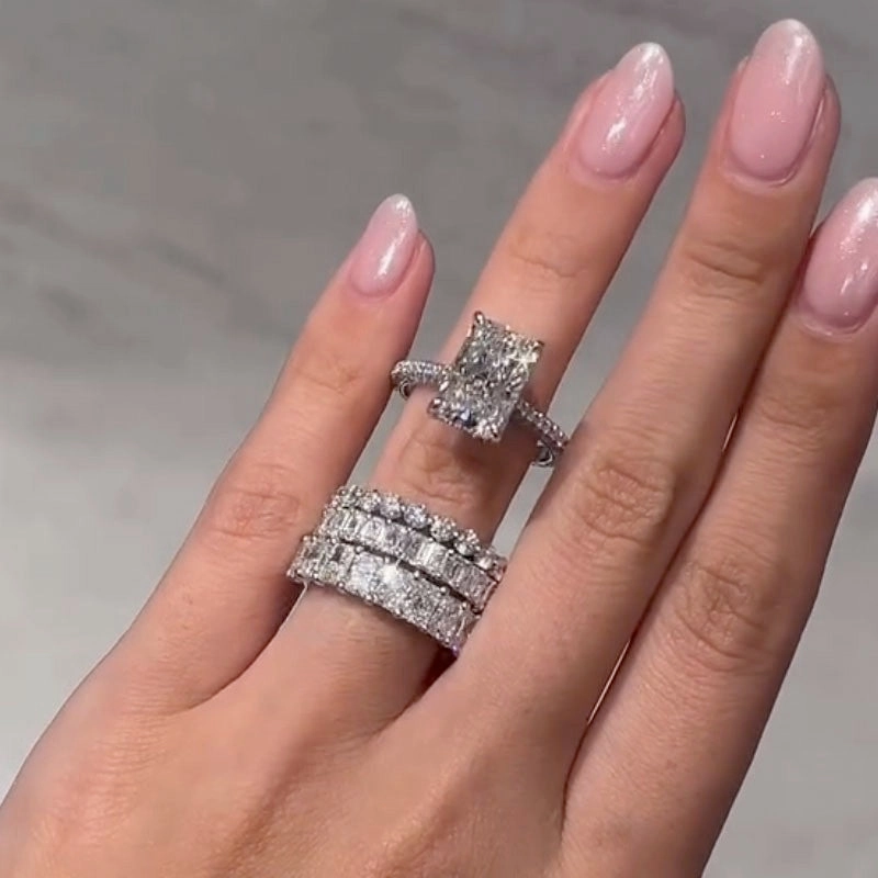 4PC 5.0Ct Radiant Cut Wedding Ring Set With Luxe Wedding Bands Pure Brilliance Elite Highlight