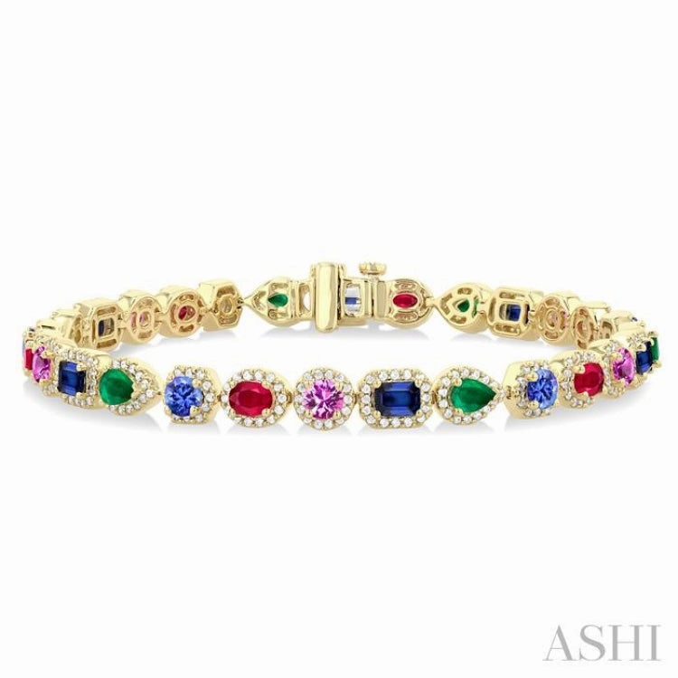 Commendable Amalgam 4X3 MM & 4 MM Mixed Shape Gemstone and 1 1/3 Ctw Round Cut Halo Diamond Bracelet in 14K Yellow Gold