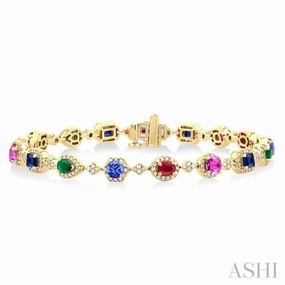 Energetic Flair 4X3 MM & 4 MM Mixed Shape Gemstone Rainbow and 1 Ctw Round Cut Diamond Halo Precious Tennis Bracelet in 14K Yellow Gold