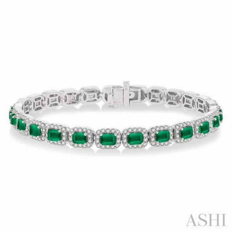 Mix-And-Match Fashion Forward 4X3 MM Emerald Cut Emerald and 2 1/5 Ctw Round Cut Diamond Halo Precious Bracelet in 14K White Gold