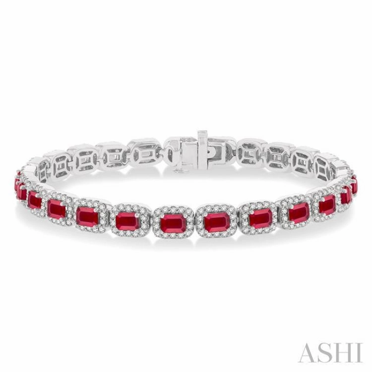 4X3 MM Emerald Cut Ruby and 2 1/5 Ctw Round Cut Diamond Halo Precious Bracelet in 14K White Gold Prime Cost