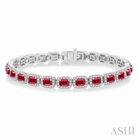 4X3 MM Emerald Cut Ruby and 2 1/5 Ctw Round Cut Diamond Halo Precious Bracelet in 14K White Gold Prime Cost