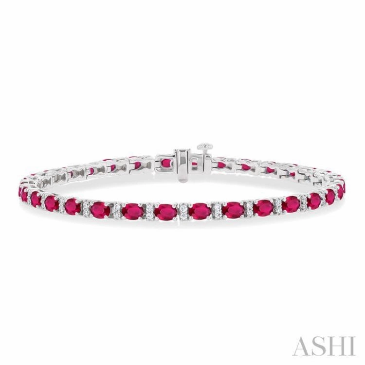 Floral Patterns 4X3 MM Oval Cut Ruby and 1/3 ctw Round Cut Diamond Precious Bracelet in 14K White Gold
