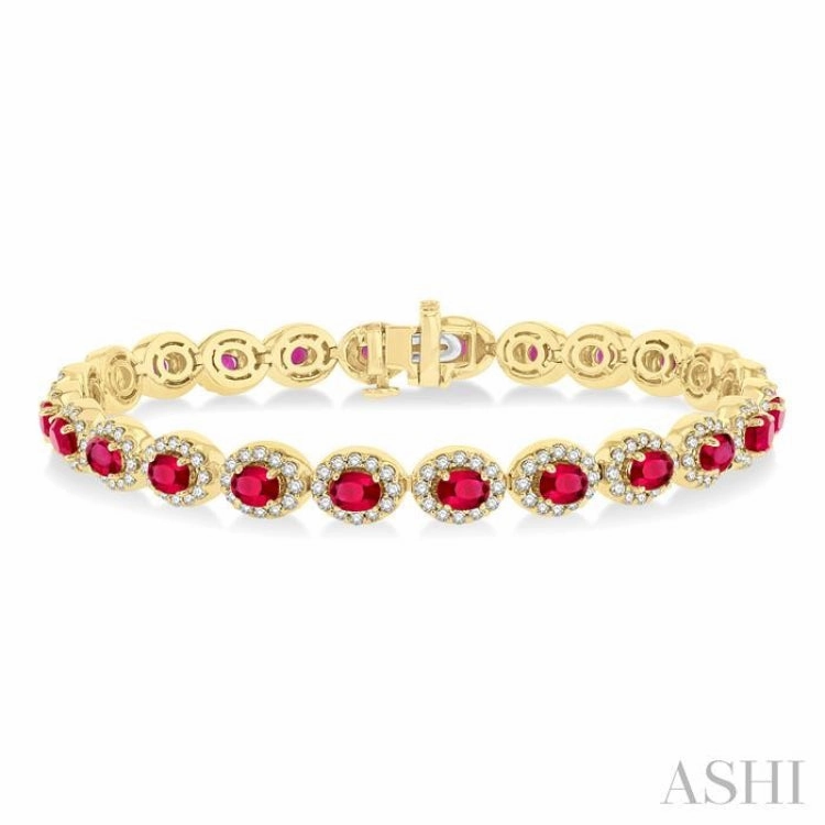 Smooth Blends 4X3 MM Oval Cut Ruby and 2 1/6 Ctw Round Cut Diamond Halo Precious Bracelet in 14K Yellow Gold