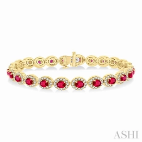 Smooth Blends 4X3 MM Oval Cut Ruby and 2 1/6 Ctw Round Cut Diamond Halo Precious Bracelet in 14K Yellow Gold