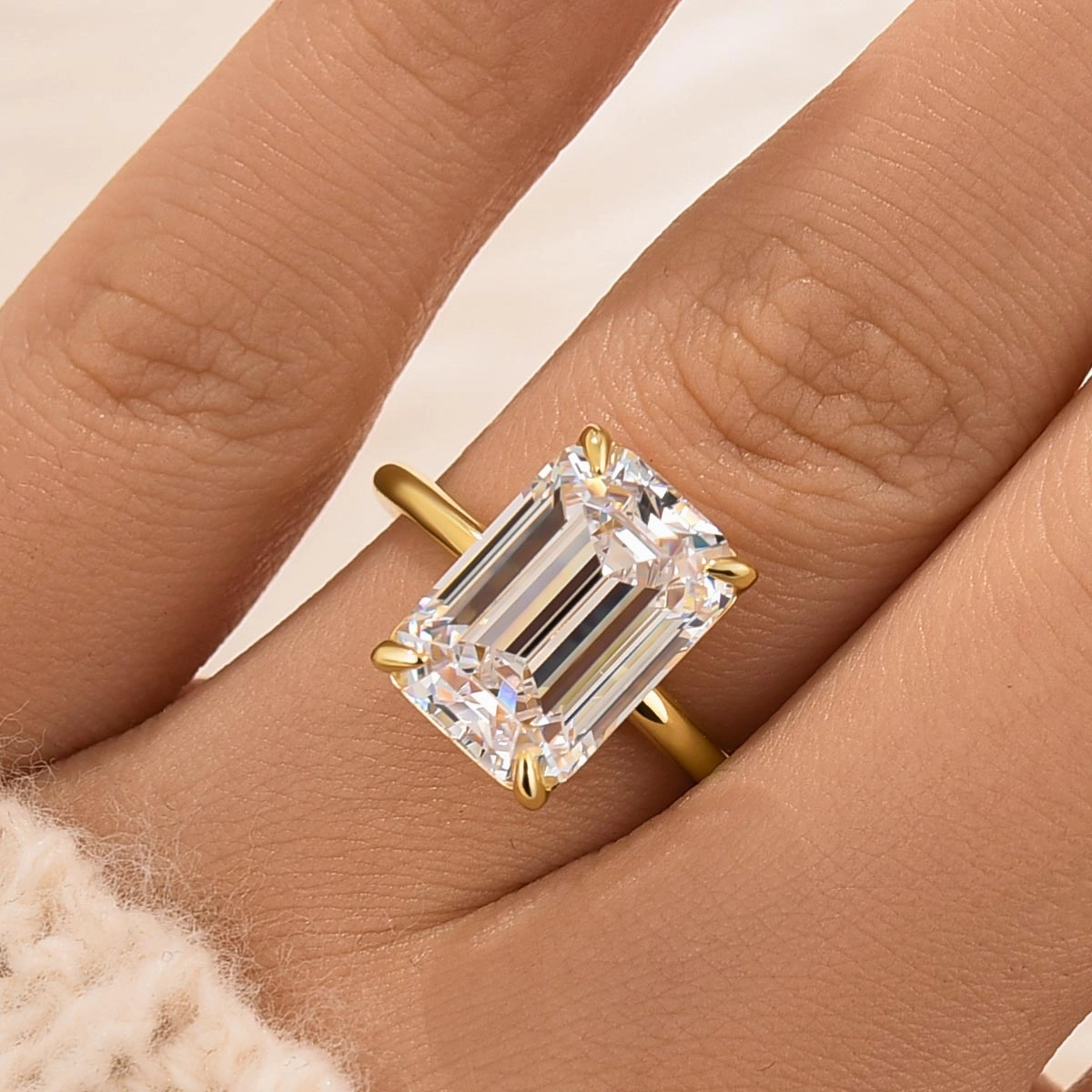 5.0 Carat Yellow Gold Emerald Cut Solitaire Engagement Ring Artisan Finish
