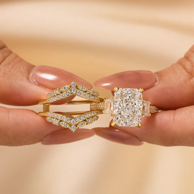 Bold Craft festival look 5.0Ct Radiant Cut Three Stone Wedding Ring For Her With Insert Ring