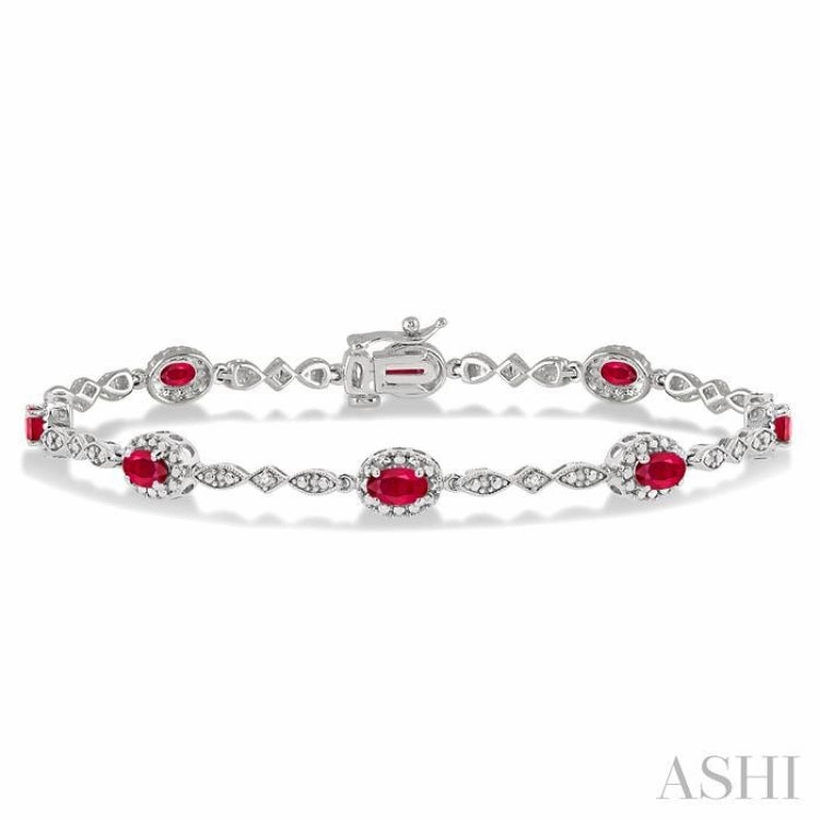 Healing Stones 5x3 MM Oval Cut Ruby and 1/20 Ctw Single Cut Diamond Bracelet in 14K White Gold