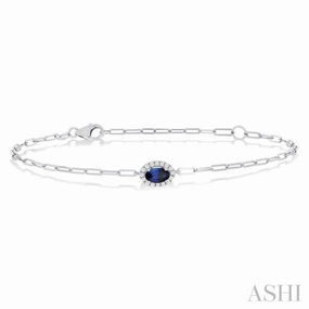 Happy Amalgamations Rare Sight 5x3 MM Oval Cut Sapphire and 1/20 Ctw Single Cut Diamond Halo Precious Paperclip Bracelet in 10K White Gold