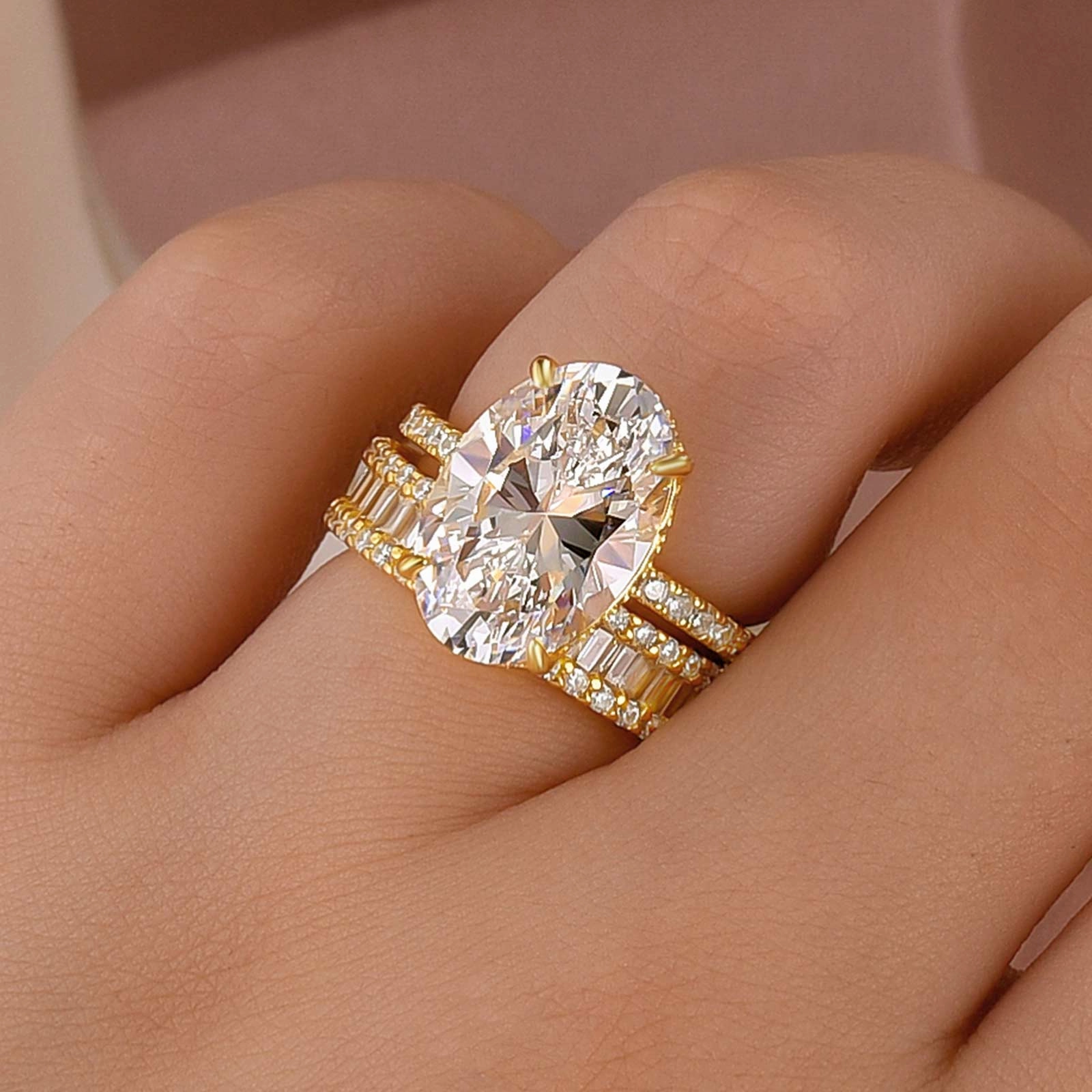 Evening Feature 6.0Ct Oval Cut Wedding Ring Set Travel Ring With Emerald Cut Wedding Band