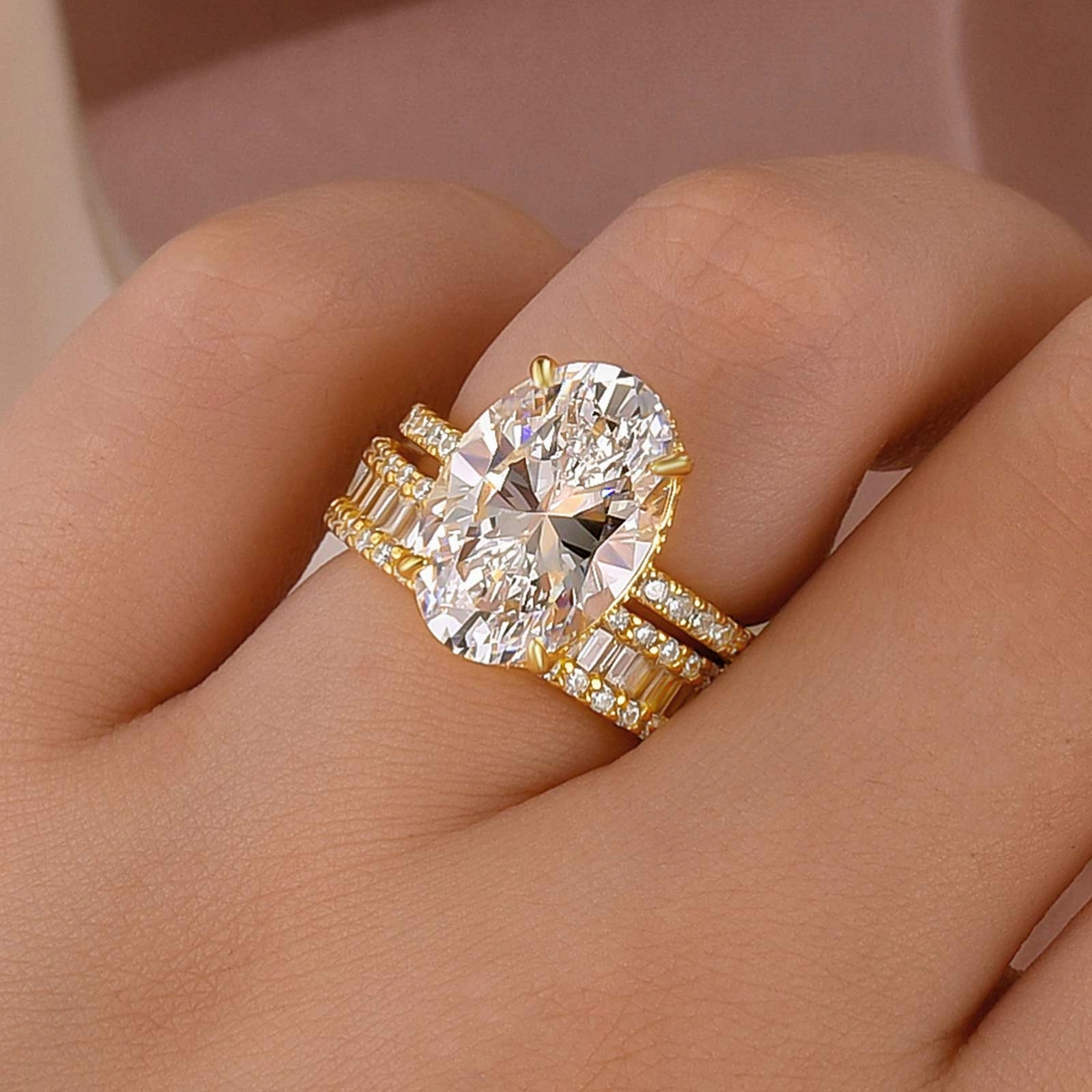 6.0Ct Oval Cut Wedding Ring Set Travel Ring With Emerald Cut Wedding Band Dazzling Look