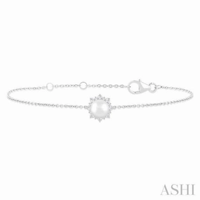 6 MM Round Shape Cultured Pearl and 1/10 Ctw Petite Round Cut Diamond Halo Bracelet in 10K White Gold Parent-Child Respectable Amalgamations