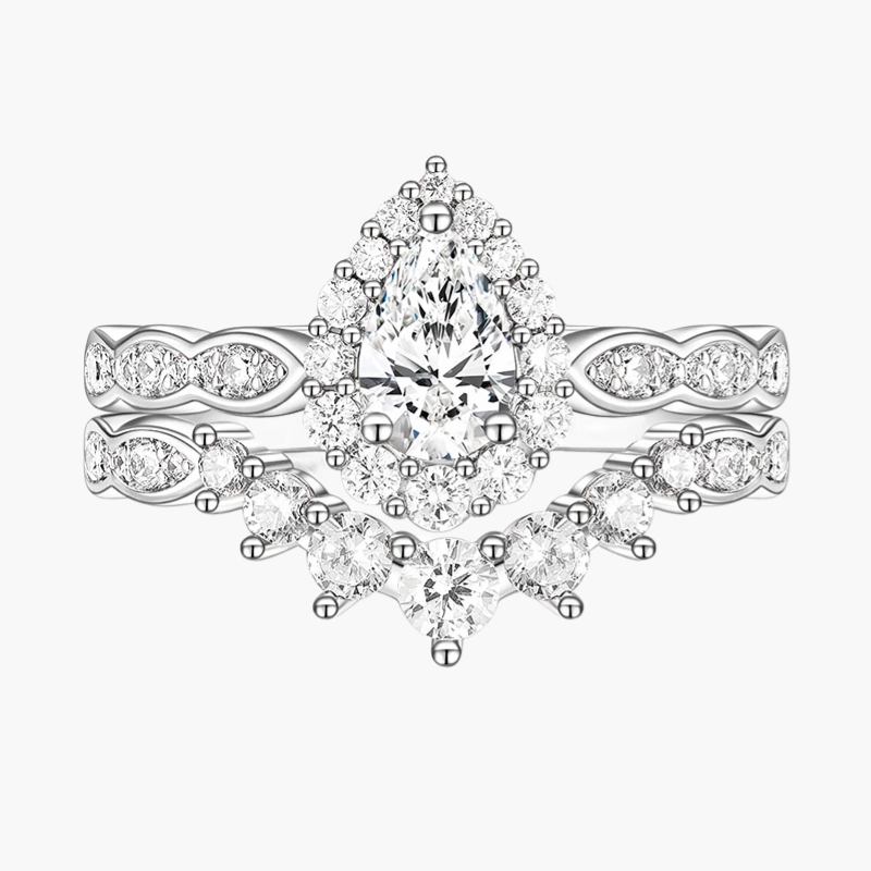 925 Sterling Silver Vintage Pear Shape Crown Bridal Ring Teardrop Set Lightweight Fit