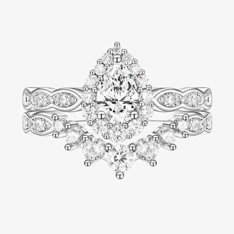 Premium Radiance Radiant Craft 925 Sterling Silver Vintage Pear Shape Crown Bridal Ring Teardrop Set