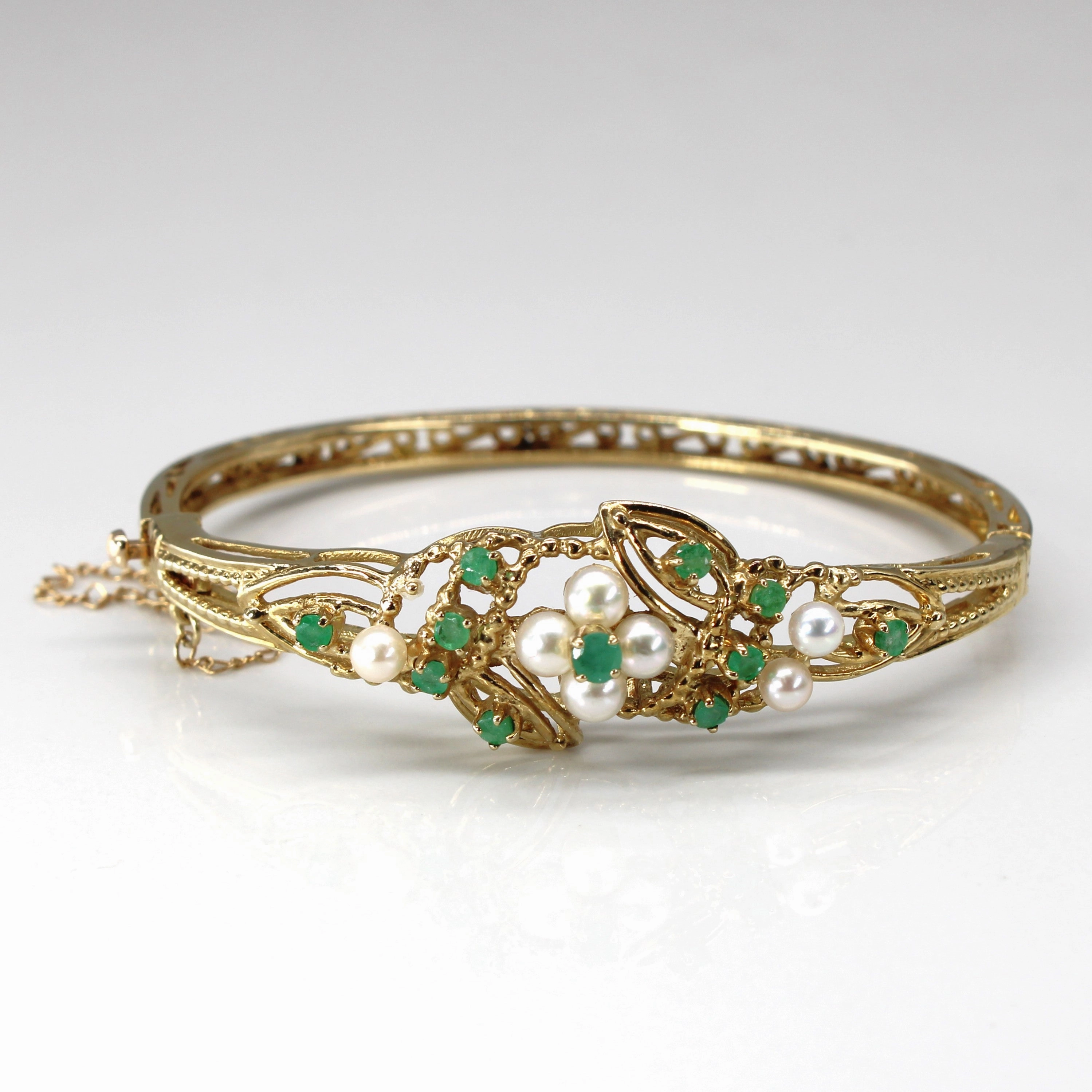 9k Gold Vintage Emerald & Pearl Filigree Bangle | 1.20ctw | 7"| Luxury Moments