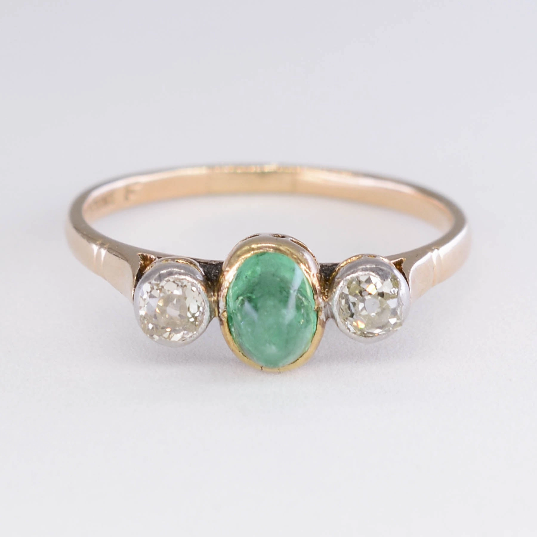 'Birks' Antique Cabochon Emerald and Diamond Three Stone Ring | 0.50ct, 0.20ctw | SZ 7 | Luxury Vibe Minimal Form