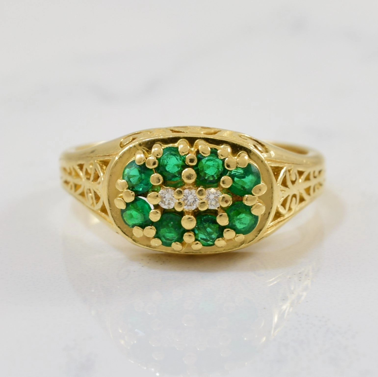 Layered Touch 'Birks' Emerald & Diamond Filigree Ring | 0.32ctw, 0.03ctw | SZ 6.25 |