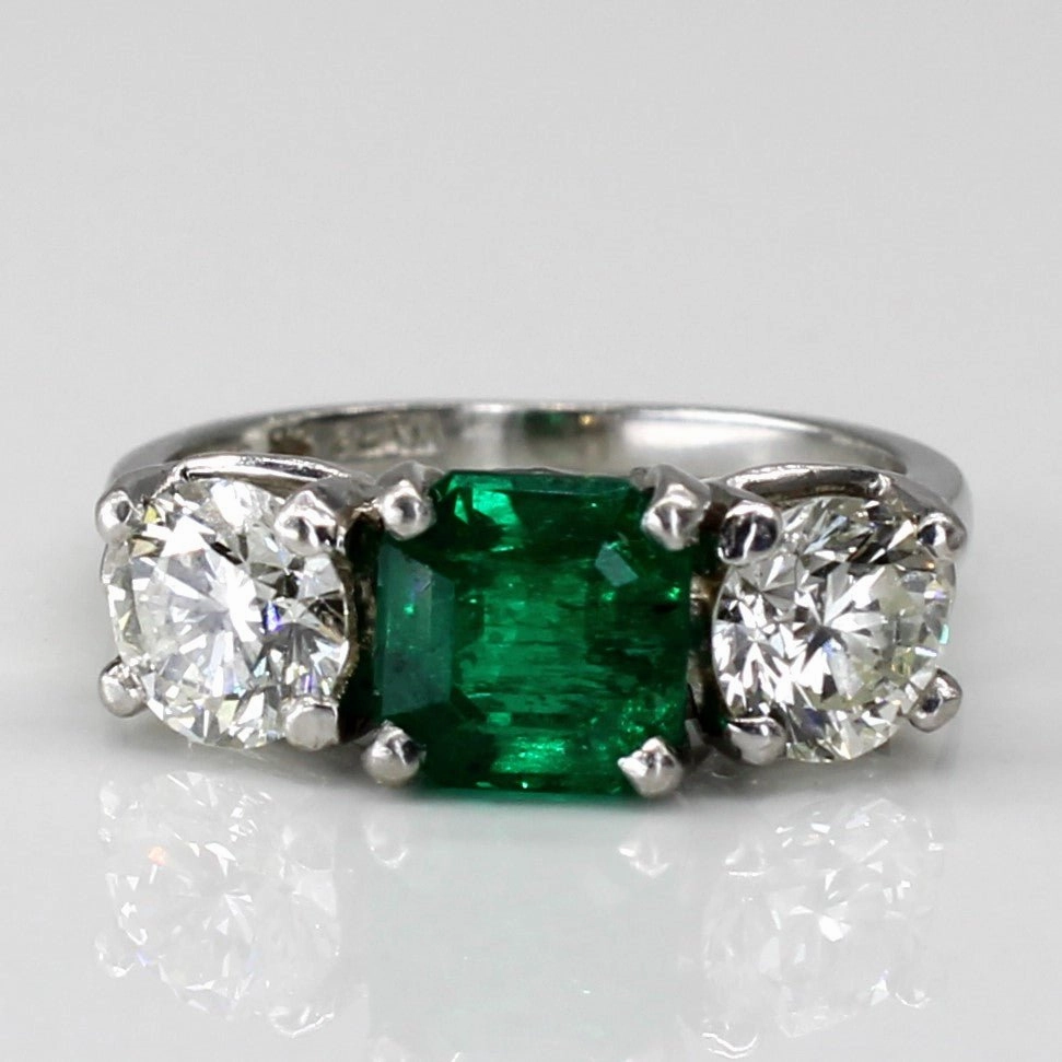 'Birks' Three Stone Emerald & Diamond Platinum Ring | 1.25ct | 1.20ctw | SZ 4.5 | Romantic Moment