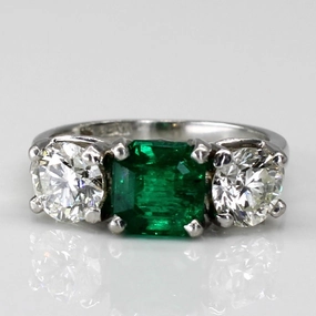 'Birks' Three Stone Emerald & Diamond Platinum Ring | 1.25ct | 1.20ctw | SZ 4.5 | Romantic Moment