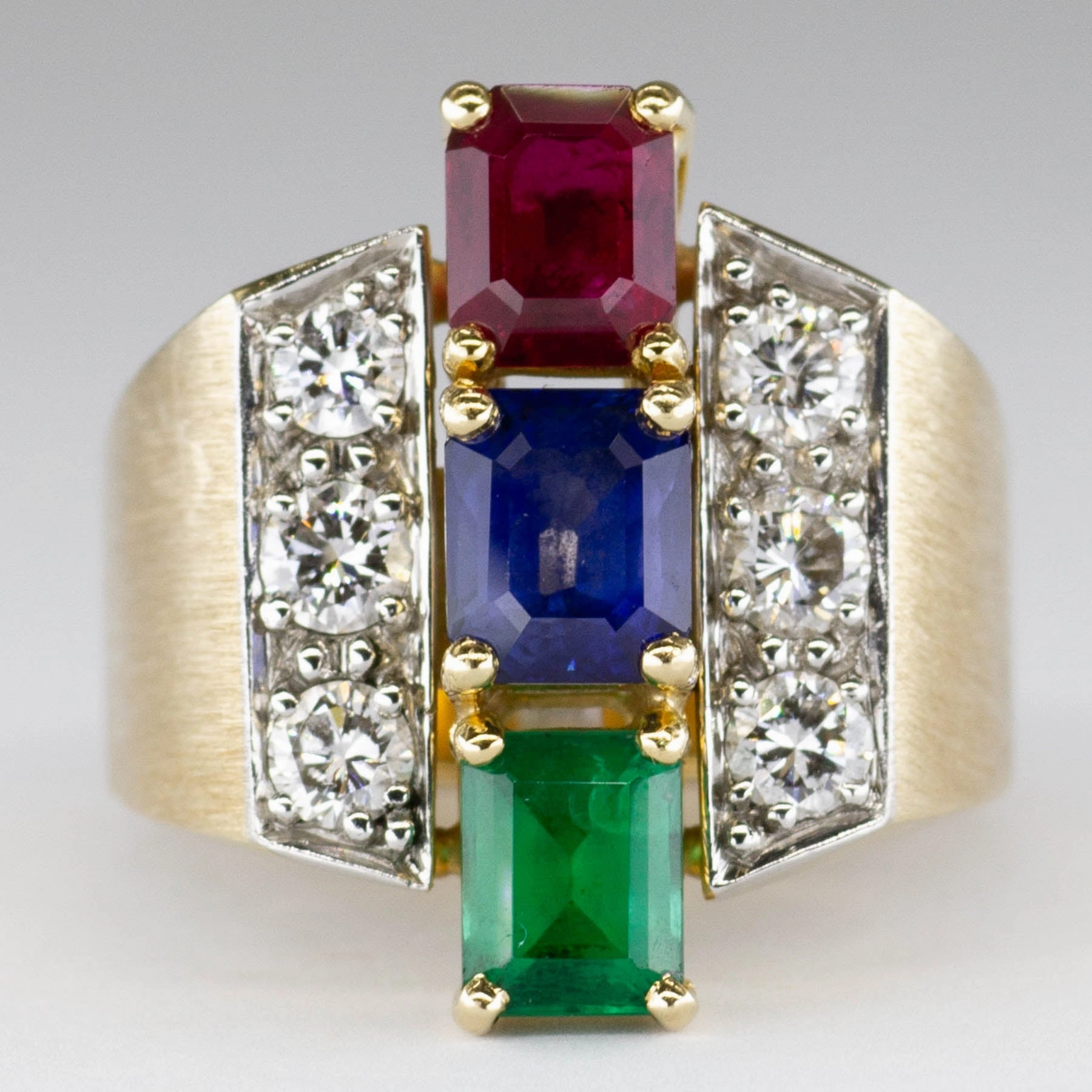 Textured Highlight 'Cavelti' Ruby, Sapphire, Emerald and Diamond Ring | SZ 7 |