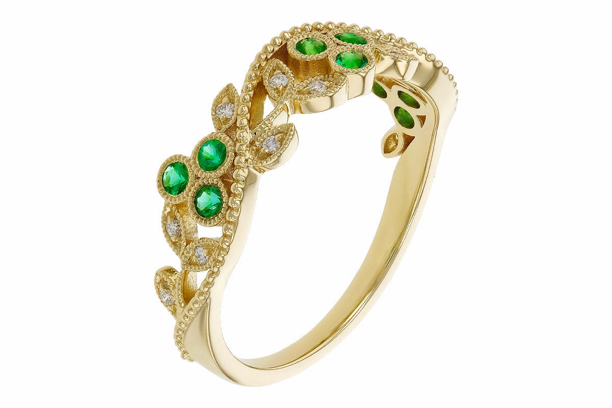 14K Yellow Gold Emerald & Diamond Floral Fashion Ring Trendy Art Earth Friendly