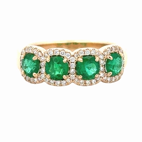 Yellow Gold 4 Stone Emerald and Diamond Halo Anniversary Band Modern Edge Artisan Shape